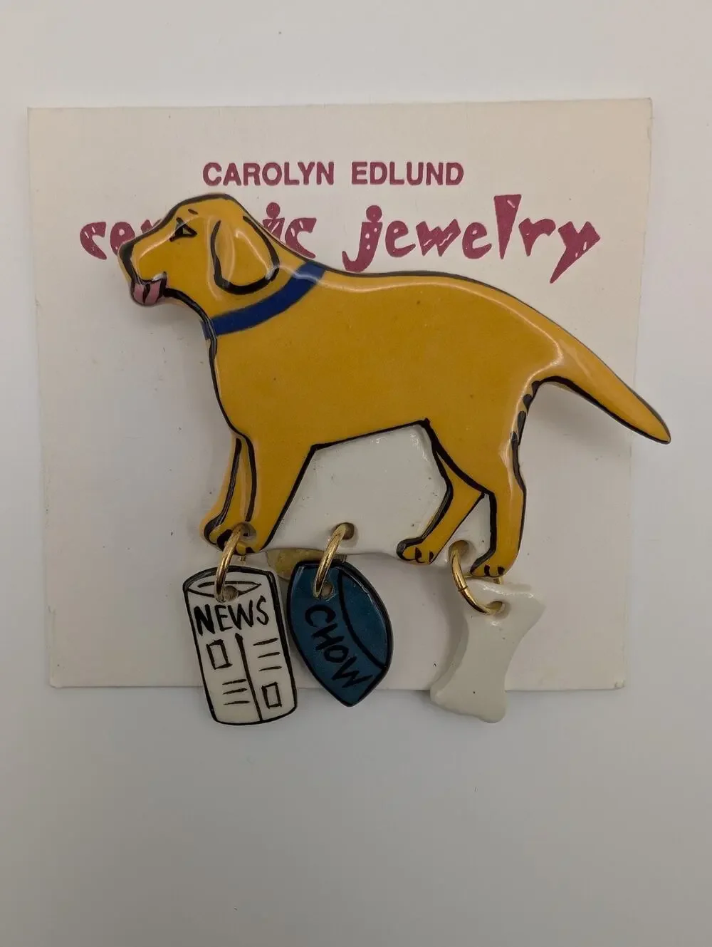 Vintage Signed Carolyn Edlund Ceramic Golden Retriever / Yellow Lab Pin New